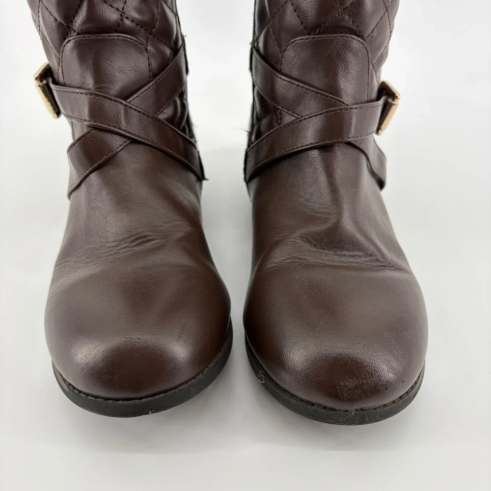 Michael Kors Girls Brown Quilted Riding Boots Gold Buckle‎ MK Logo Size 4